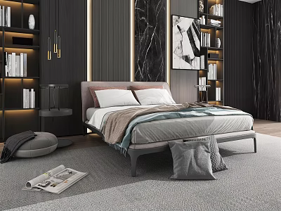 Modern Bedroom Interior With Comfortable Double Bed Soft Bedding And Nightstand 3d model