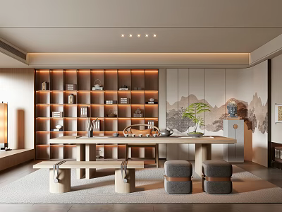 Serene Tea Room Interior With Wooden Bookshelves Long Table Gray Stools And Landscape Painting 3d model