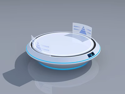 Modern Circular White Display Shelf With Blue LED Lights And Information Cards 3d model