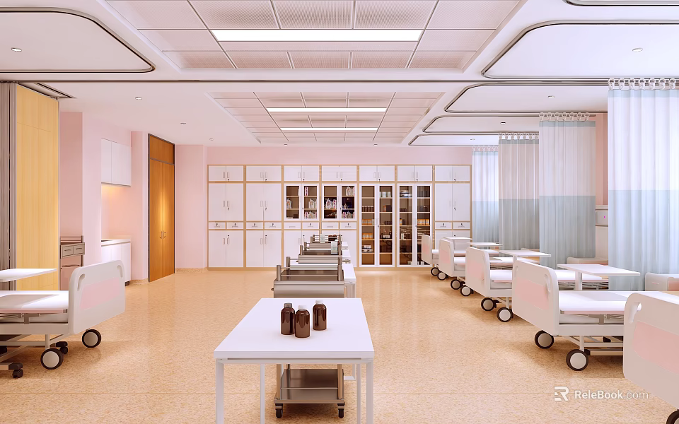 Hospital Outpatient Clinic Interior With White Beds Pink Walls And Storage Cabinets 3d model 