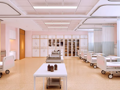 Hospital Outpatient Clinic Interior With White Beds Pink Walls And Storage Cabinets 3d model