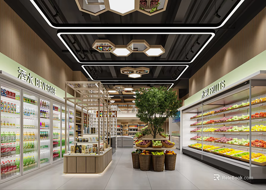 Modern Department Store Supermarket Interior With Fresh Fruits Vegetables Refrigerators Shelves And Hexagonal Lighting 3d model 