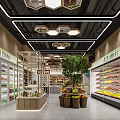Modern Department Store Supermarket Interior With Fresh Fruits Vegetables Refrigerators Shelves And Hexagonal Lighting