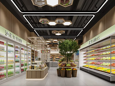 Modern Department Store Supermarket Interior With Fresh Fruits Vegetables Refrigerators Shelves And Hexagonal Lighting 3d model