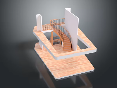 Wooden Spiral Staircase Design With Railing And Upper Platform In Modern Interior Space 3d model