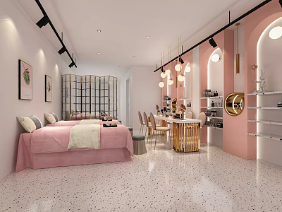 Modern Beauty Hair Salon Interior With Pink Decor Comfortable Bed And Stylish Mirrors 3d model