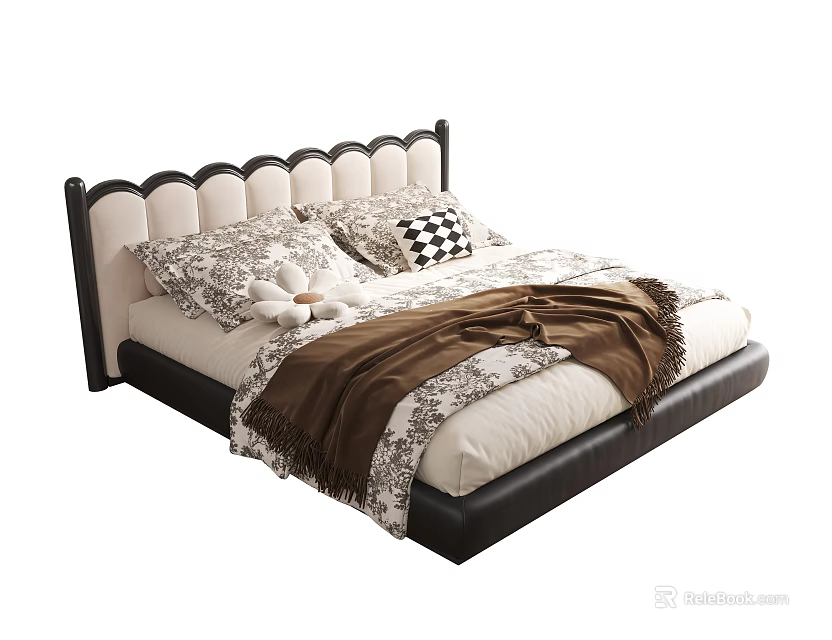 Modern Double Bed Design With Scalloped Black Beige Headboard Patterned Pillows And Brown Throw 3d model 
