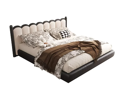 Modern Double Bed Design With Scalloped Black Beige Headboard Patterned Pillows And Brown Throw 3d model