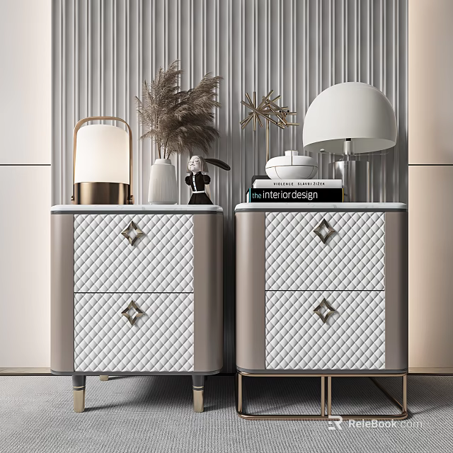 Modern Leather Bedside Tables With Quilted Drawers Table Lamps And Decorative Items 3d model 