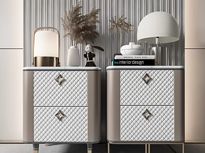 Modern Leather Bedside Tables With Quilted Drawers Table Lamps And Decorative Items 3d model