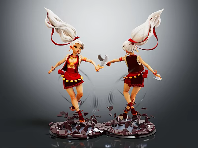 Two Female Characters With White Long Hair Red Yellow Dresses Flowing Ribbons Holding Items On Black Bases 3d model