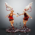 Two Female Characters With White Long Hair Red Yellow Dresses Flowing Ribbons Holding Items On Black Bases