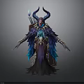 Mythical Horned Character In Elaborate Blue Purple Cloak With Glowing Weapon