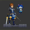 Orange Haired Character in Blue Armor Holding Swords with Blue Cat Creature on Stone Platform