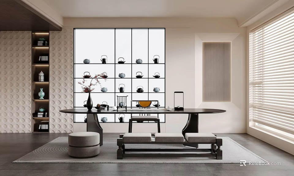 Tea Room Interior With Large Windows Tea Shelf Teapots Teacups Round Table Bench And Stool 3d model