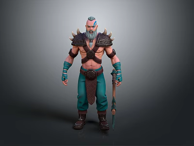 Fantasy Warrior Man With Blue Hair Beard Spiked Shoulder Armor And Weapon 3d model