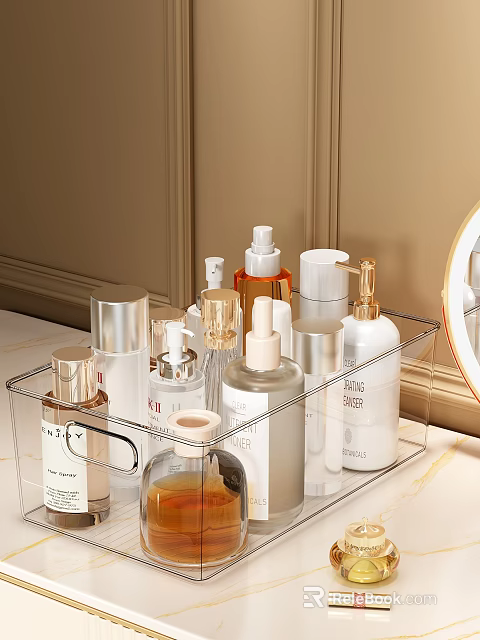 Elegant Perfume Cosmetics Collection In Transparent Organizer With Various Bottles On Vanity 3d model 
