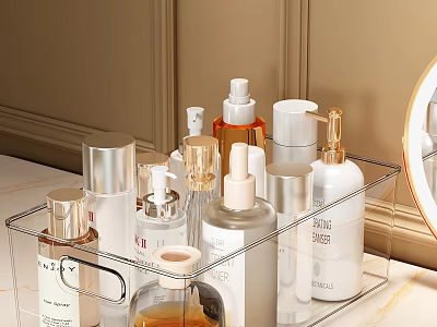 Elegant Perfume Cosmetics Collection In Transparent Organizer With Various Bottles On Vanity 3d model