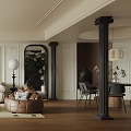 Elegant Contemporary Living and Dining Room Interior With Beige Sofa Wooden Coffee Table and White Globe Chandelier