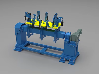 Industrial Equipment with Blue Frame Multiple Arms Yellow Components and Drive Mechanism 3d model