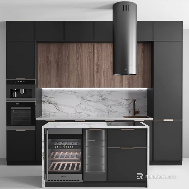 Modern Kitchen Interior With Black Cabinets Wooden Panels And Marble Island Countertop 3d model 