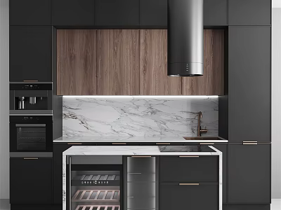 Modern Kitchen Interior With Black Cabinets Wooden Panels And Marble Island Countertop 3d model