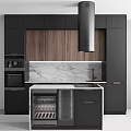 Modern Kitchen Interior With Black Cabinets Wooden Panels And Marble Island Countertop