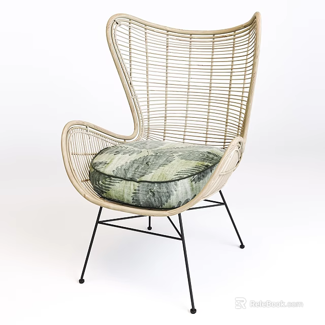 Wicker Leisure Chair With Green And Gray Patterned Cushion And Black Metal Legs 3d model 