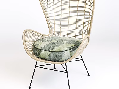 Wicker Leisure Chair With Green And Gray Patterned Cushion And Black Metal Legs 3d model