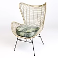 Wicker Leisure Chair With Green And Gray Patterned Cushion And Black Metal Legs