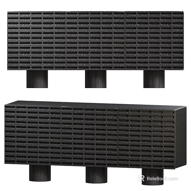 Black Modern Console Side Cabinet With Grid Texture And Supporting Legs Design 3d model