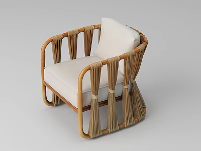 Single Sofa Rattan and Wooden Frame with White Cushion Minimalist Natural Design 3d model