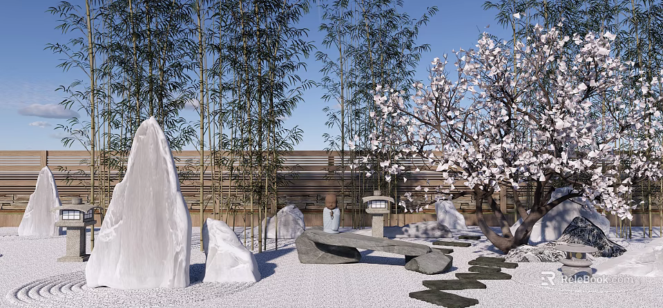 Traditional Japanese Garden Featuring Bamboo Plants Cherry Blossom Tree Stone Lantern and Gravel Pathway 3d model 