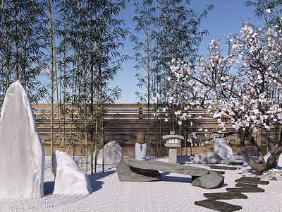 Traditional Japanese Garden Featuring Bamboo Plants Cherry Blossom Tree Stone Lantern and Gravel Pathway 3d model