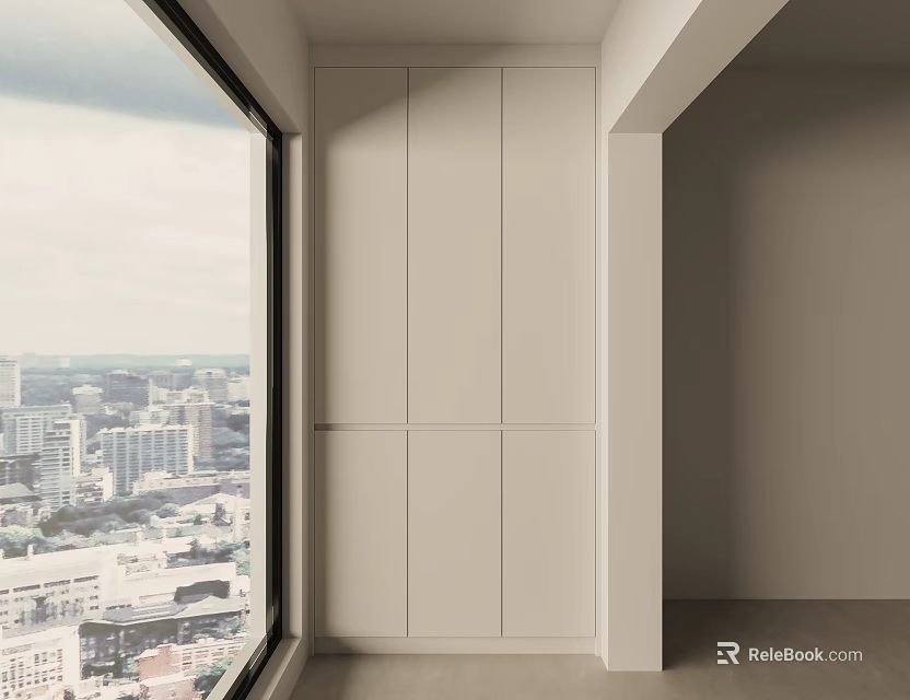 Modern Sleek Balcony Cabinet Design With Large Window And City View 3d model 