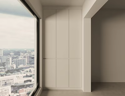 Modern Sleek Balcony Cabinet Design With Large Window And City View 3d model