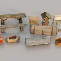 Garden Decorative Pieces with Wooden Bench Boxes Mini House Metal Barrel and Wicker Basket