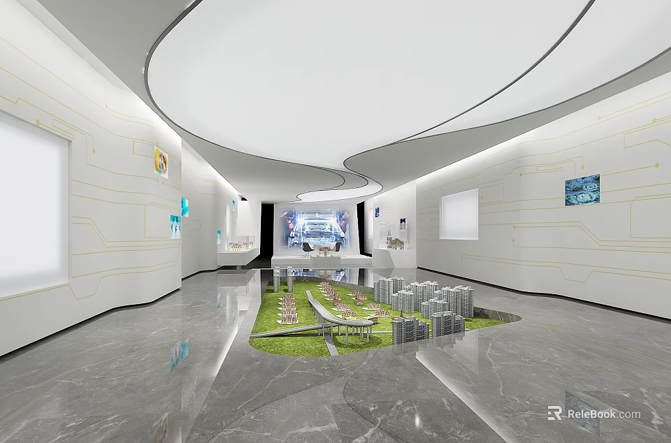 Modern Exhibition Hall Interior With Curved Ceiling White Walls Marble Floor And Urban Planning Model 3d model 
