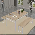 Modern Dining Table Set with Light Wood Benches White Frame and Decorative Plants 3d model