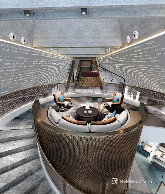 Book Art Themed Interior Design With Circular Sofa And Text Walls 3d model 