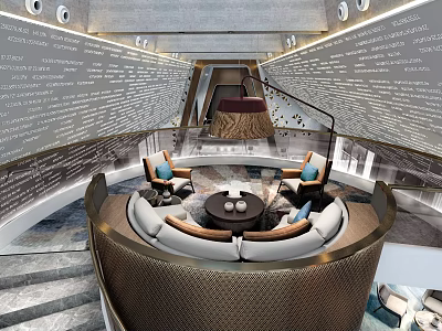 Book Art Themed Interior Design With Circular Sofa And Text Walls 3d model
