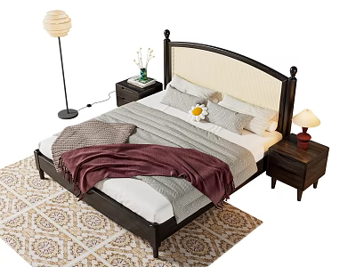 Cozy Double Bed With Upholstered Headboard Nightstands Pillows Blanket Rug And Floor Lamp 3d model