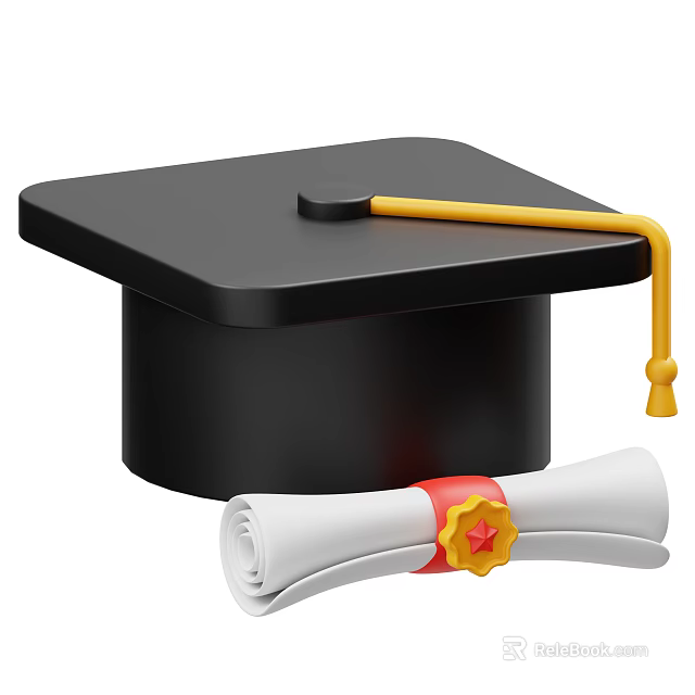 Graduation Themed Decorative Ornament Set with Black Mortarboard Yellow Tassel and Rolled Diploma 3d model 