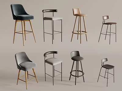Modern Bar Stools With Various Upholstered Designs And Metal Legs For Kitchen Interior 3d model