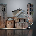Cartoon Scene Medieval Style Building With Towers Domes And Arched Windows