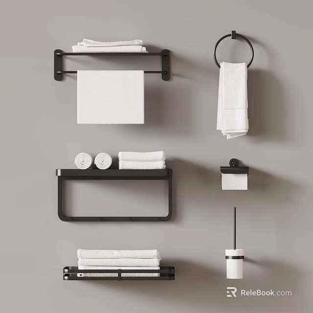 Bathroom Wall Mounted Accessories with Black Racks White Towels Soap and Tissue Holder 3d model 