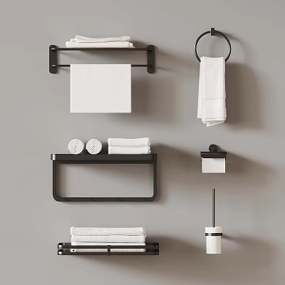 Bathroom Wall Mounted Accessories with Black Racks White Towels Soap and Tissue Holder 3d model