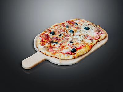 Delicious Pizza on Wooden Tray with Tomato Sauce Olives and Melted Cheese 3d model