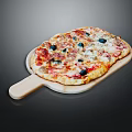 Delicious Pizza on Wooden Tray with Tomato Sauce Olives and Melted Cheese