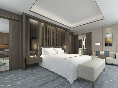 Hotel Guest Room Interior With Large Bed White Linens Sofa And Wooden Panel Wall 3d model